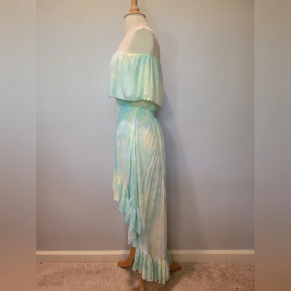 Tiare Hawaii Aqua & Green Tie Dye Strapless High-Low Ruffle Dress OS - Picture 4 of 9